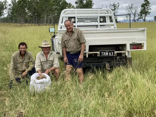 Photo of three men with a bag of grain behind a ute in a field